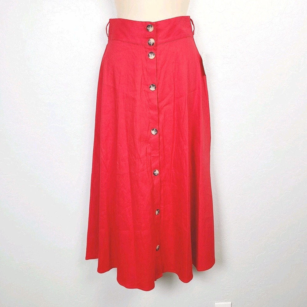 NEW Antonio Melani Red Linen Blend Midi Skirt Button Front‎ A-Line 2 Work Y2K